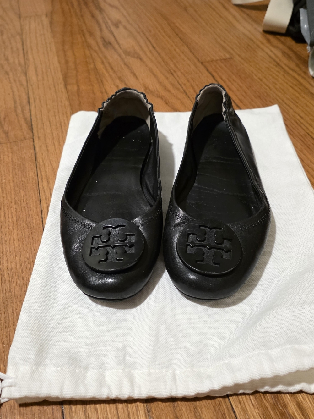 Tory Burch Black Leather Logo Ballet Flats